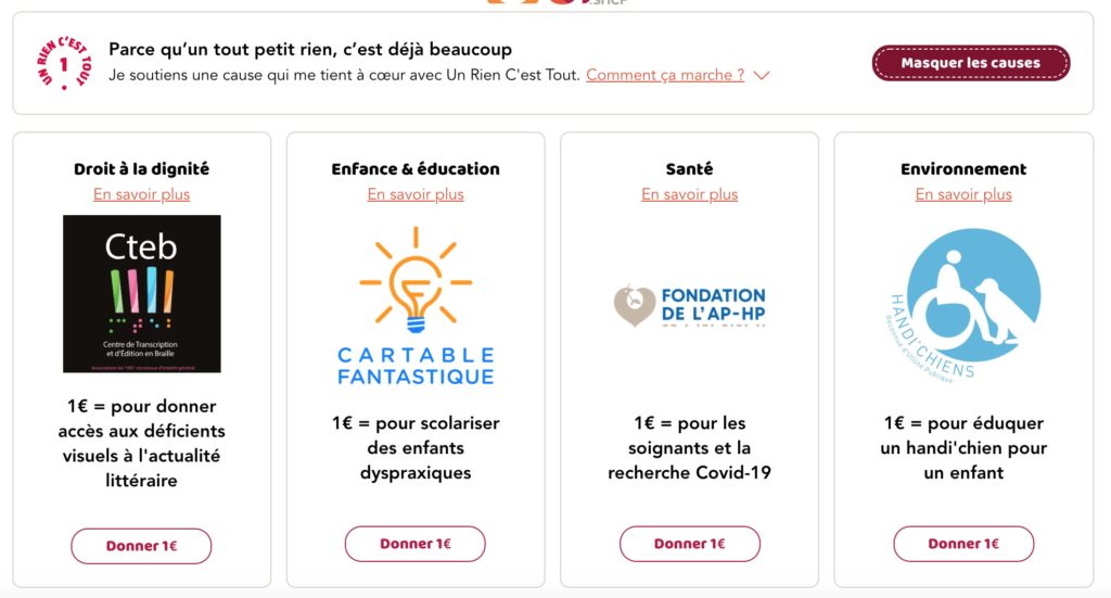 Écran de paiement Oui.sncf proposant un don d'un euro au Cartable Fantastique